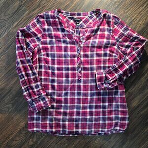 LANDS' END 100% Cotton Magenta/Black/White Plaid Tunic Blouse NWOT/SIZE 18